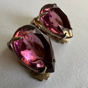 Vintage 80s Purple Gold Tone Costume Glam Teardrop Estate Clip On Earrings